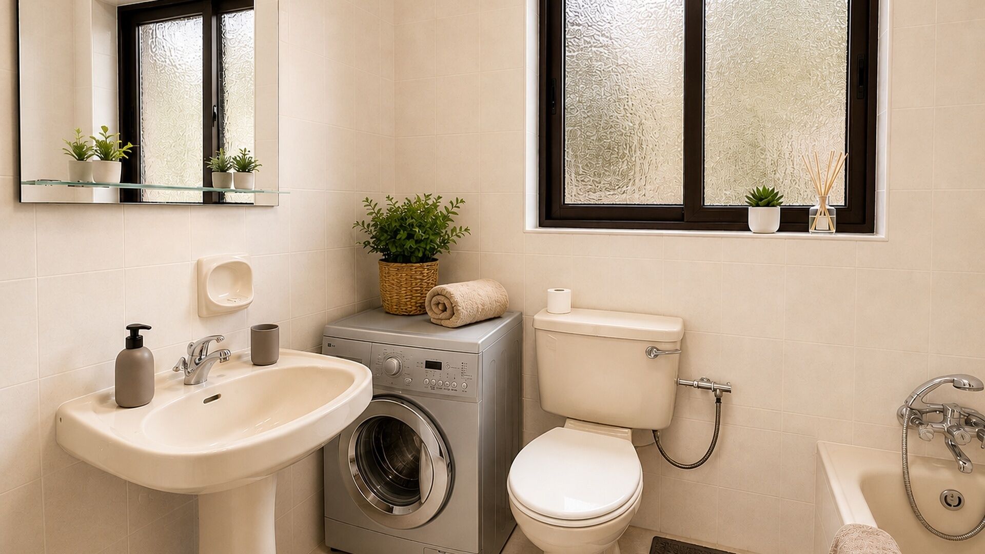 Un bagno moderno con lavandino, lavatrice, wc e vasca da bagno.
