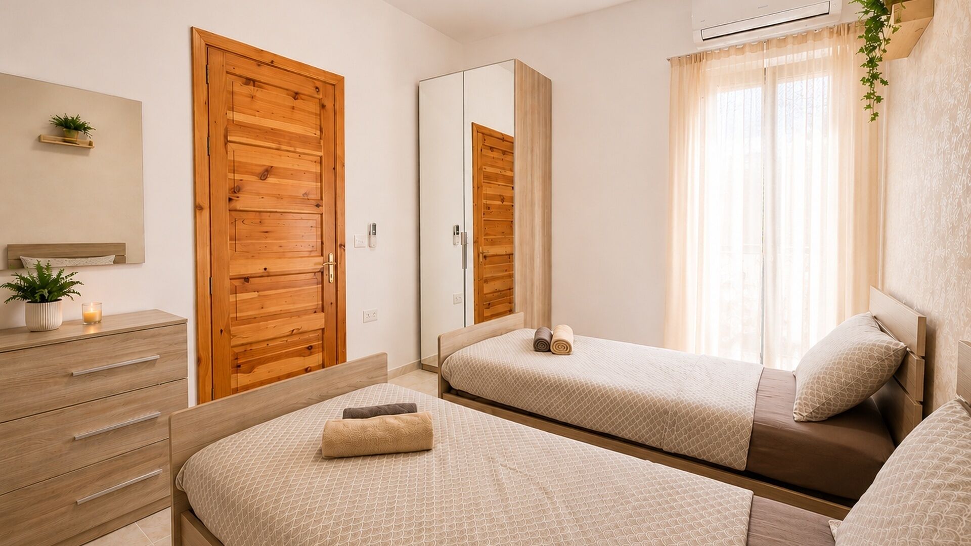 A bedroom with two beds, wooden wardrobe, a mirror, and a bedside table with a plant.