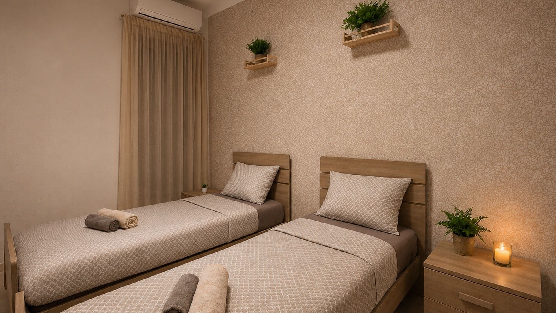 A bedroom with two beds, a nightstand, a wall-mounted shelf with plants, and a window with curtains.