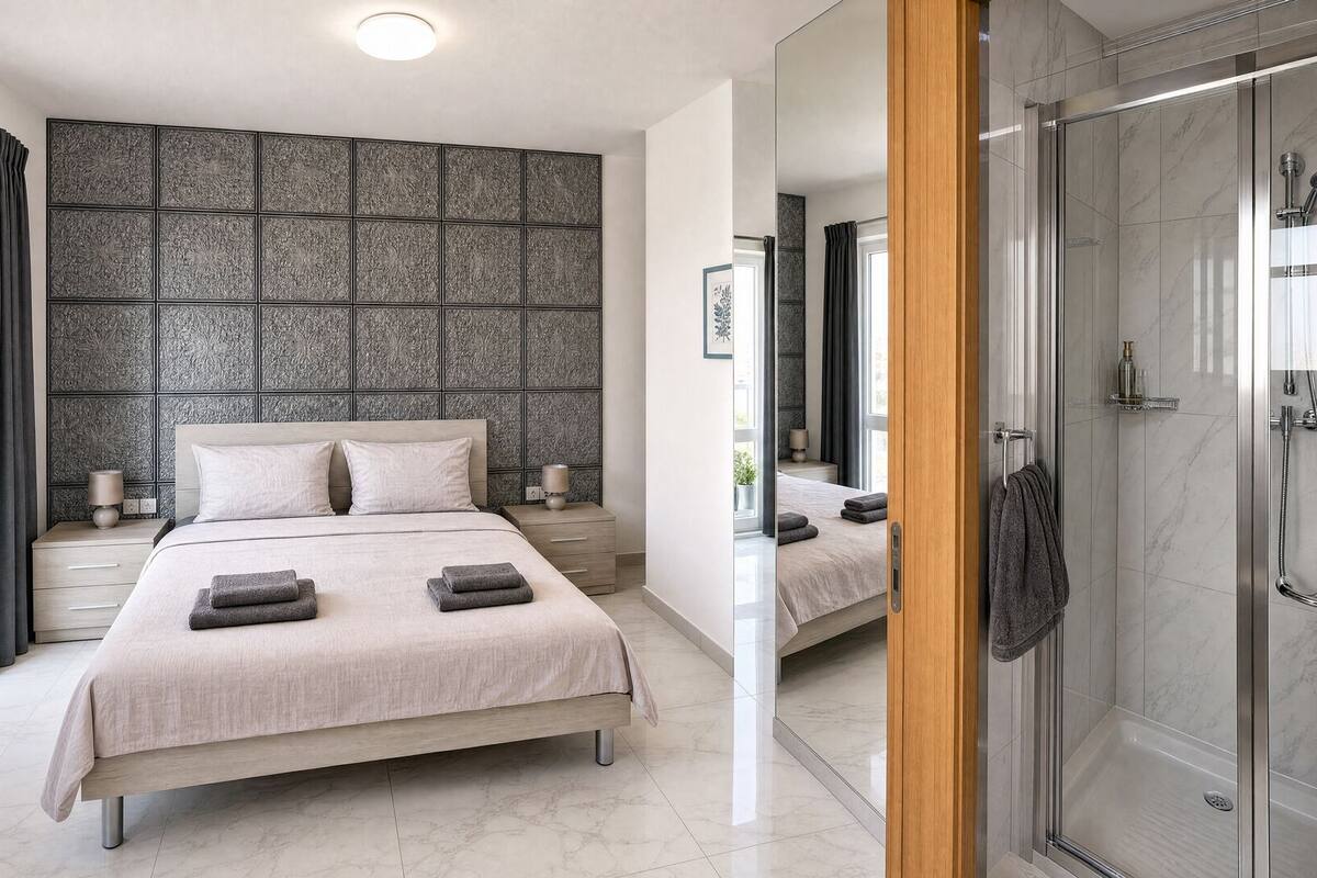 A modern bedroom with a large bed, a shower, and a view of the outdoors.
