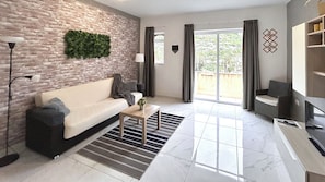 Deluxe Apartment, Valley View | Living area | TV - Arzella Apartments (Munxar)