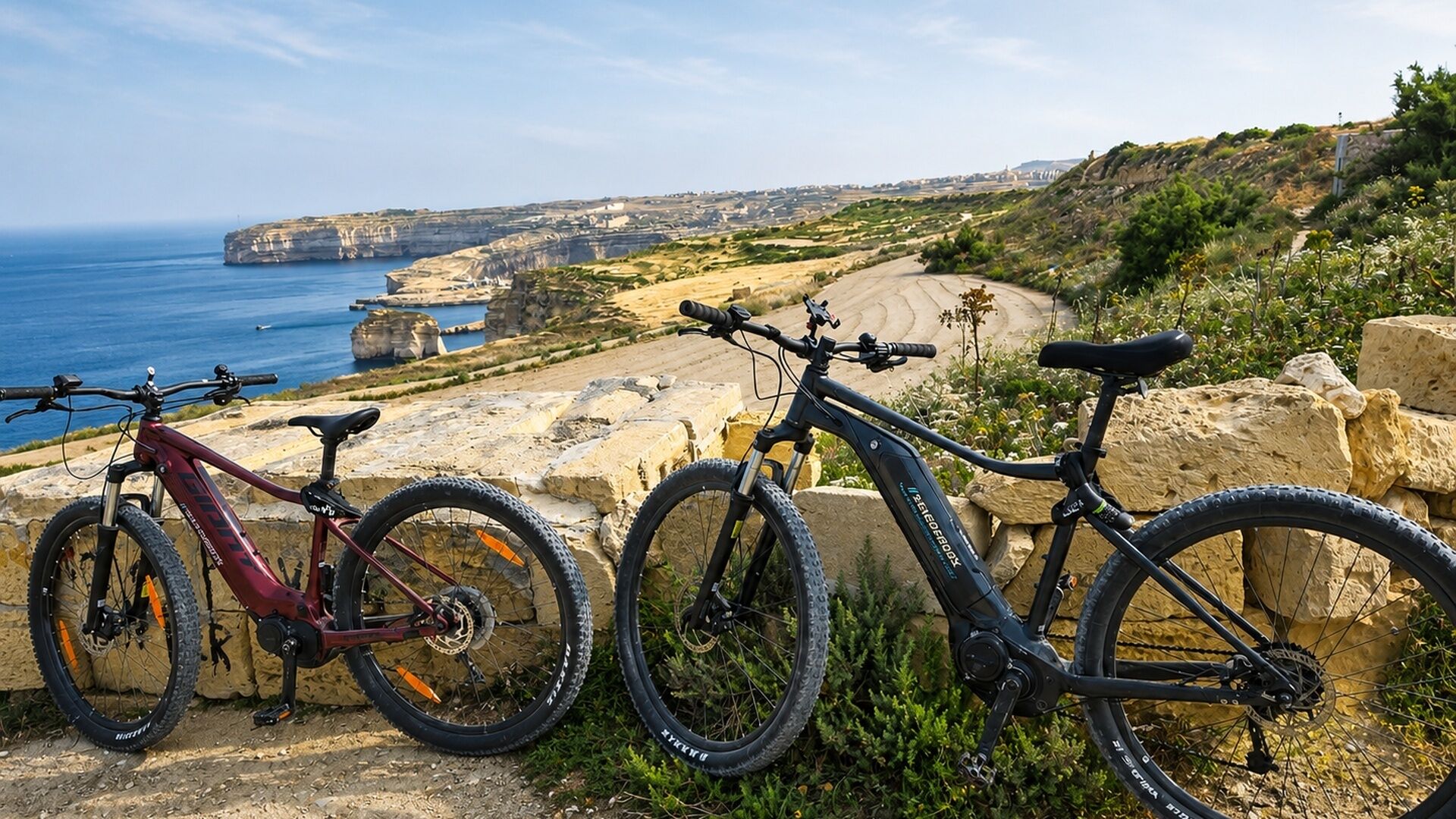 Two bicycles parked on a rocky ledge overlooking a coastal landscape with cliffs and a view of the sea.