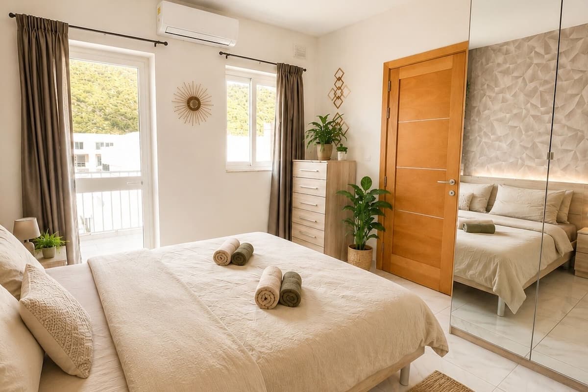A bedroom with a large bed, a smaller bed, a wardrobe, a mirror, and a balcony.