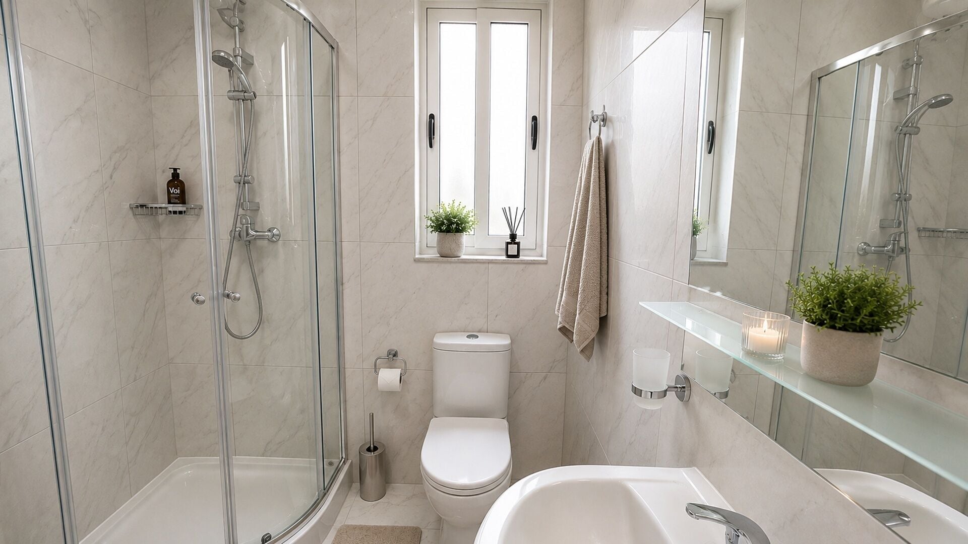 Et moderne badeværelse med en glasvæg omkring brusebad, toilet, vask og spejl.