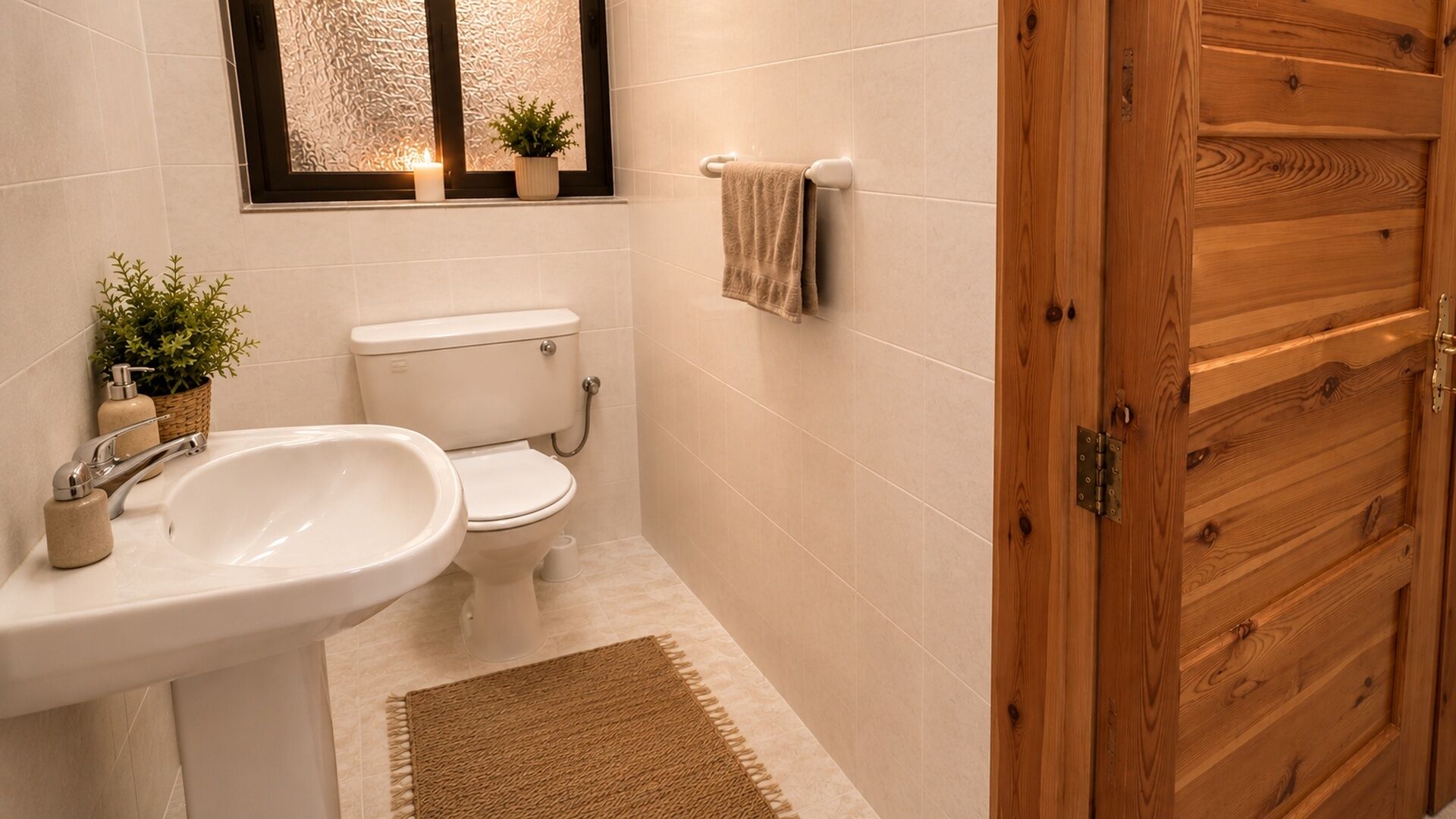 A bathroom with a sink, toilet, wooden door, and a small plant on the wall.