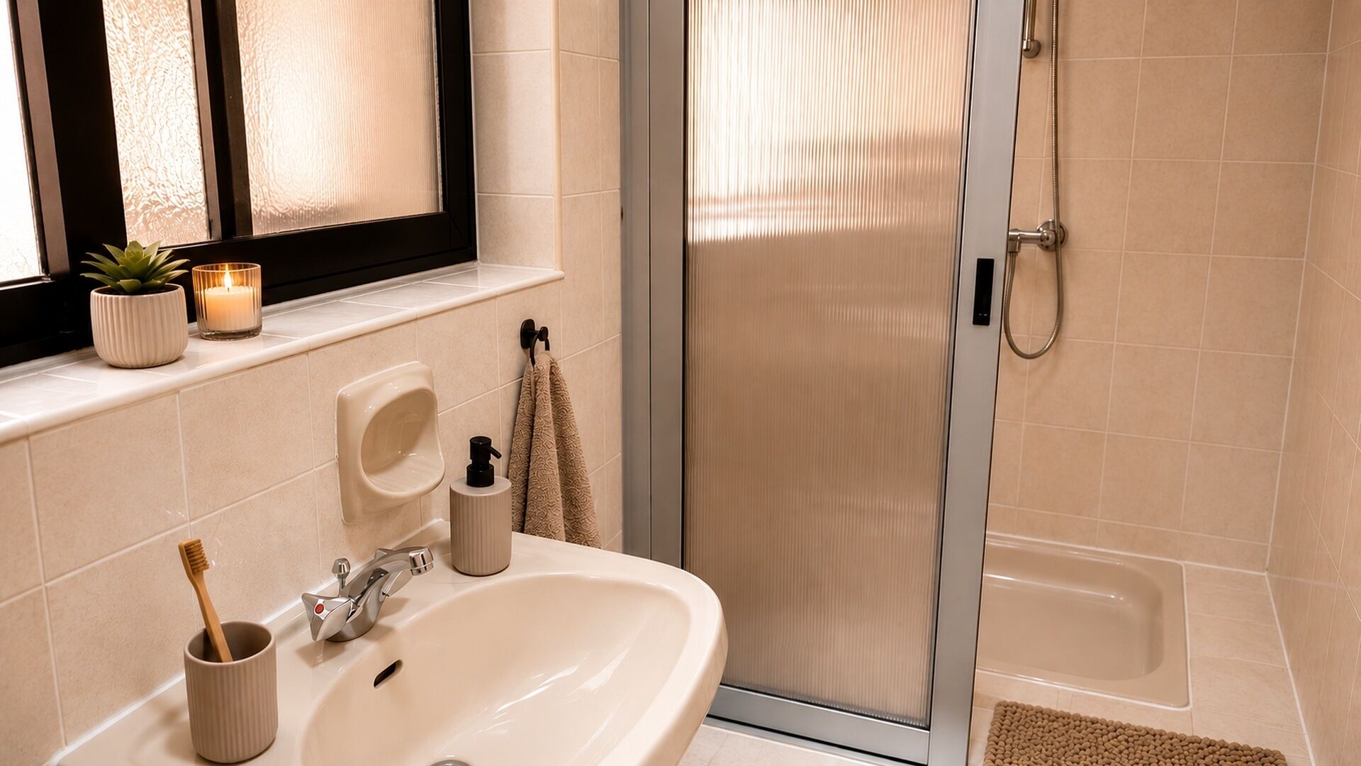 Ein Badezimmer mit Waschbecken, Spiegel, Fenster mit Milchglas, Dusche und Handtuchhalter.