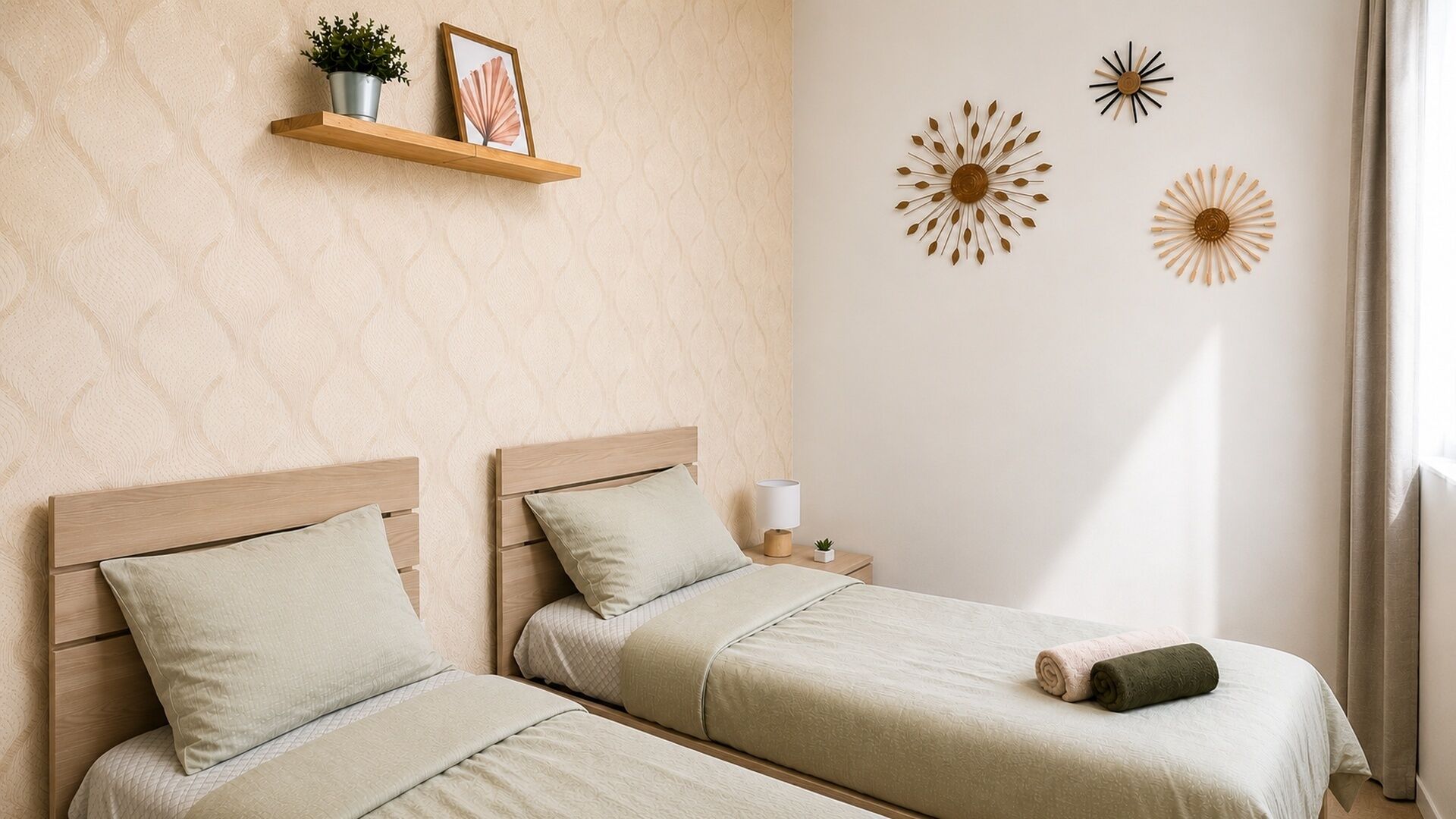 Quarto com duas camas, mesa de cabeceira, abajur, decoração na parede e janela com cortinas.