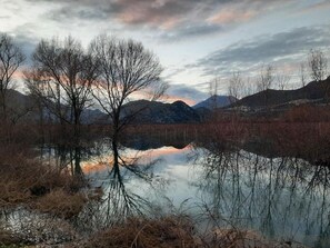 Escena tranquila junto al lago, con montañas al fondo y árboles sin hojas reflejándose en el agua.