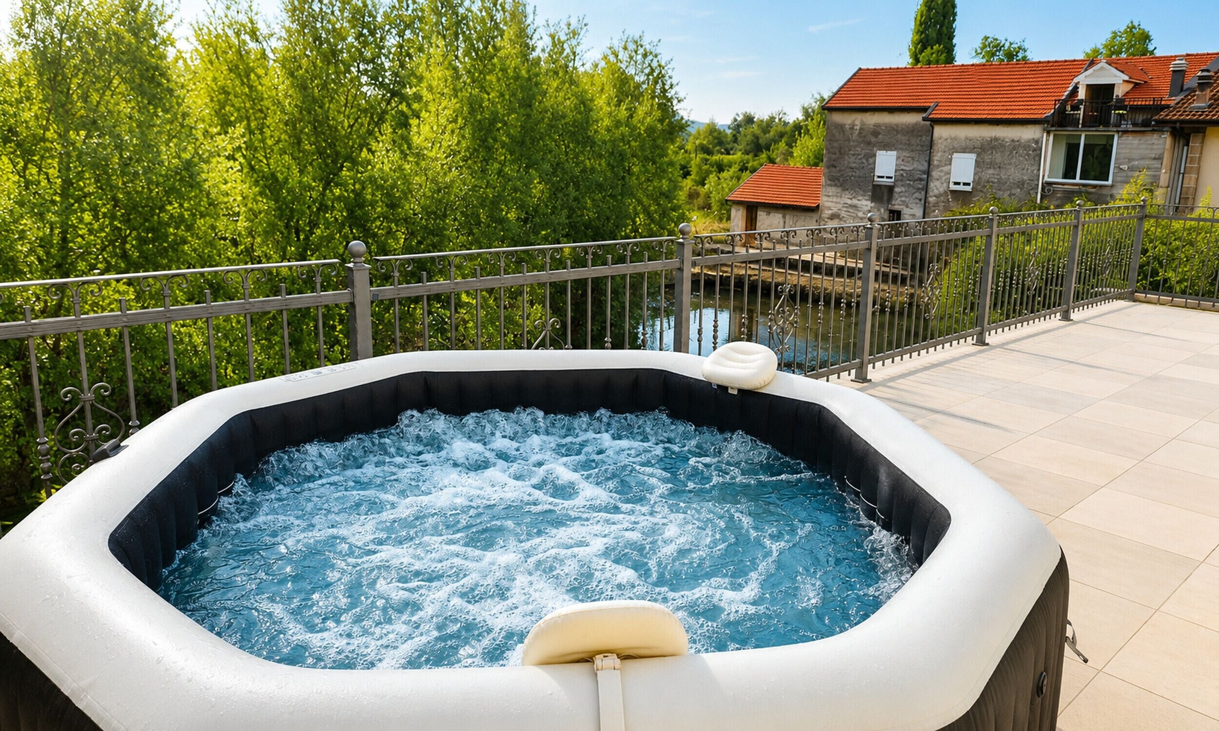 Un jacuzzi con vistas a un río y un edificio al fondo.