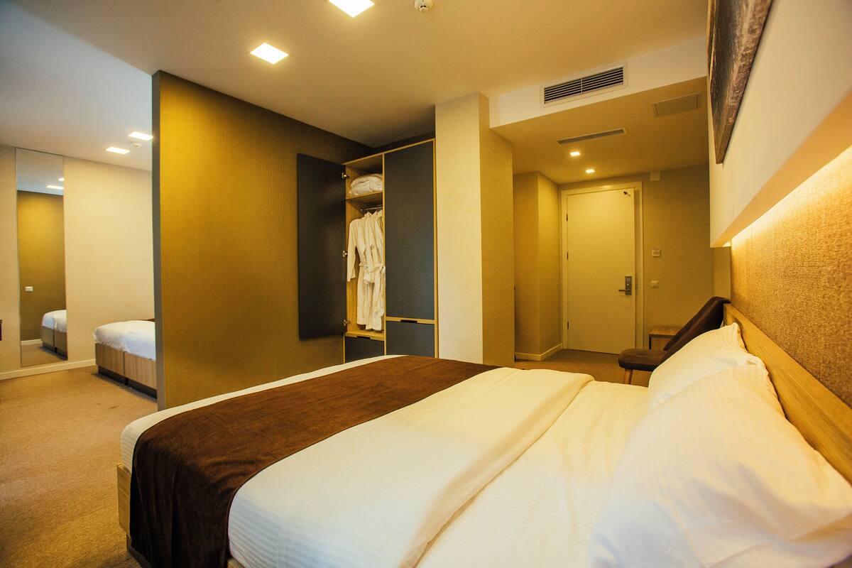 A hotel room with a bed, a wardrobe, a mirror, and a bathroom.