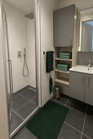 Hair dryer, towels, toilet paper