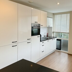 Frigorífico, microondas, horno y placa de cocina