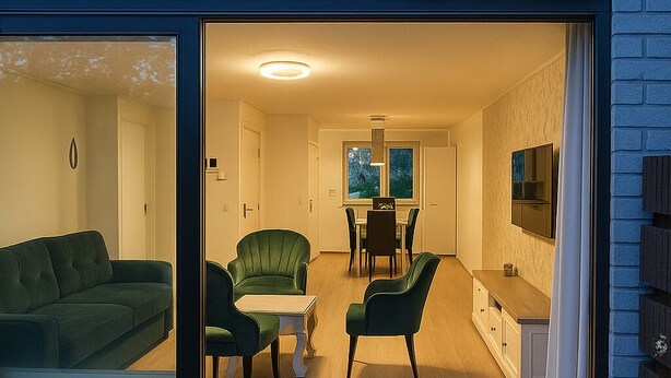 A modern interior with a dining area, green upholstered chairs, and a sofa. - 20 minutes to Amsterdam (Almere)