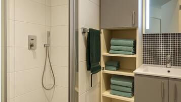 Hair dryer, towels, toilet paper