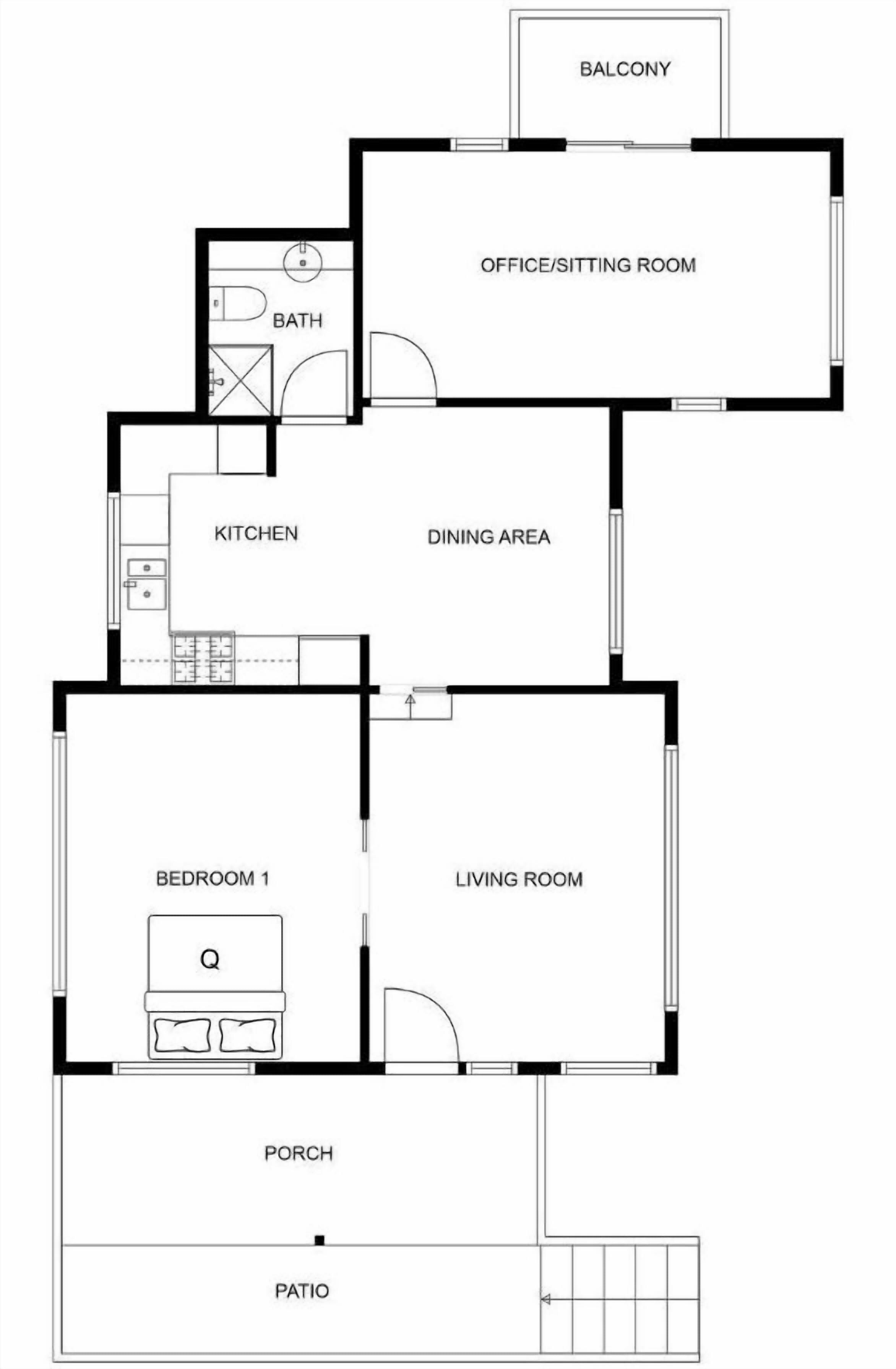 Plano de planta que incluye balcón, sala de estudio/estar, comedor, cocina, baño, dormitorio 1, sala de estar, porche y patio.