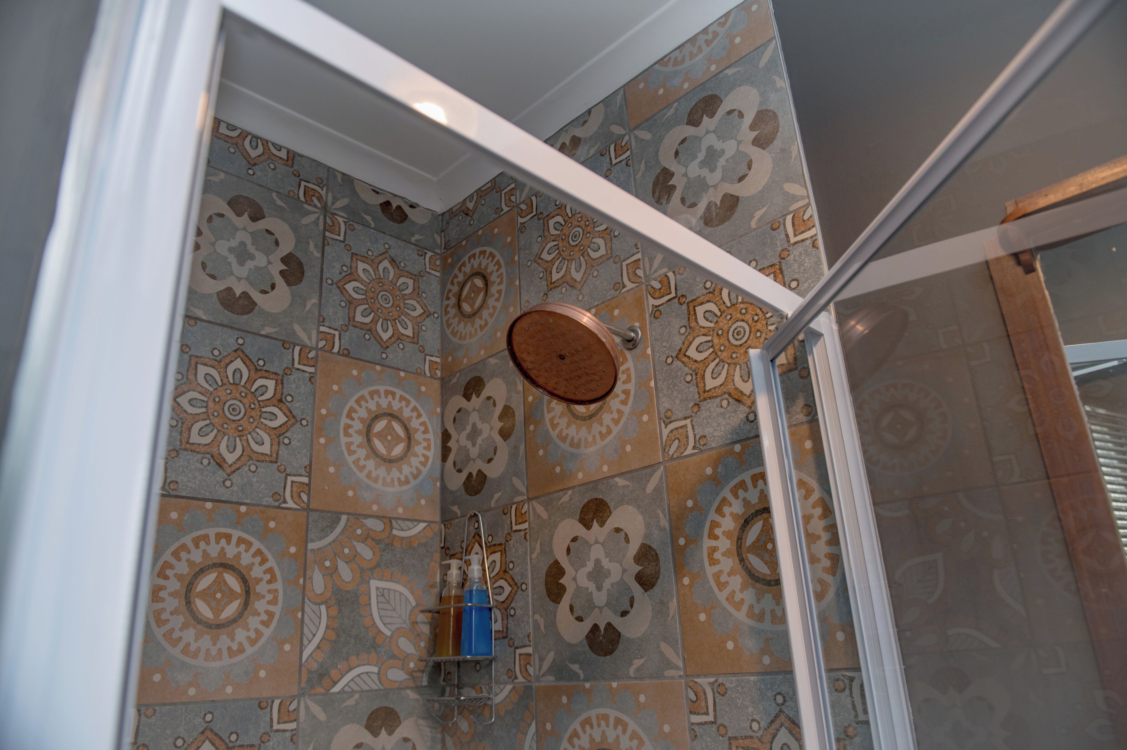 A shower area with patterned tiles and a glass door.