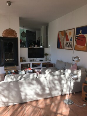 Een smart-tv, een open haard, videogames en een computerscherm