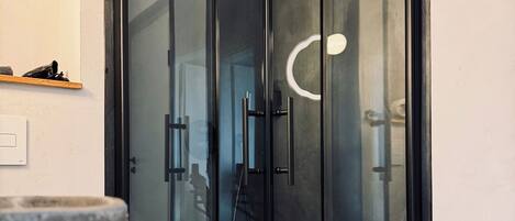A modern shower enclosure with a glass door and a handheld showerhead.