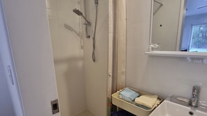 A modern bathroom with a shower, a sink, and a mirror. - Mountain Creek Retreat (Mountain Creek)