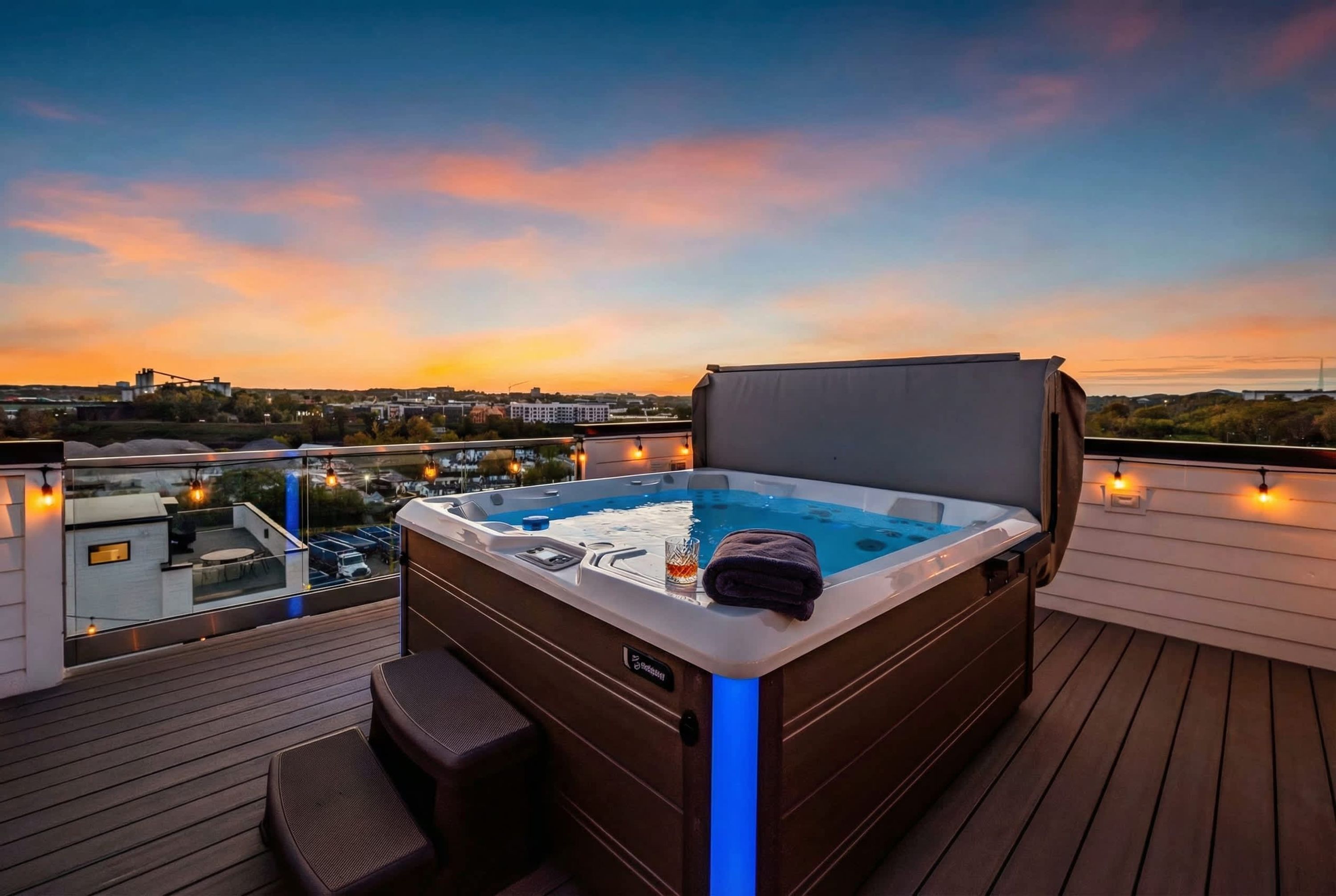 A hot tub on a rooftop deck with a city view at sunset.