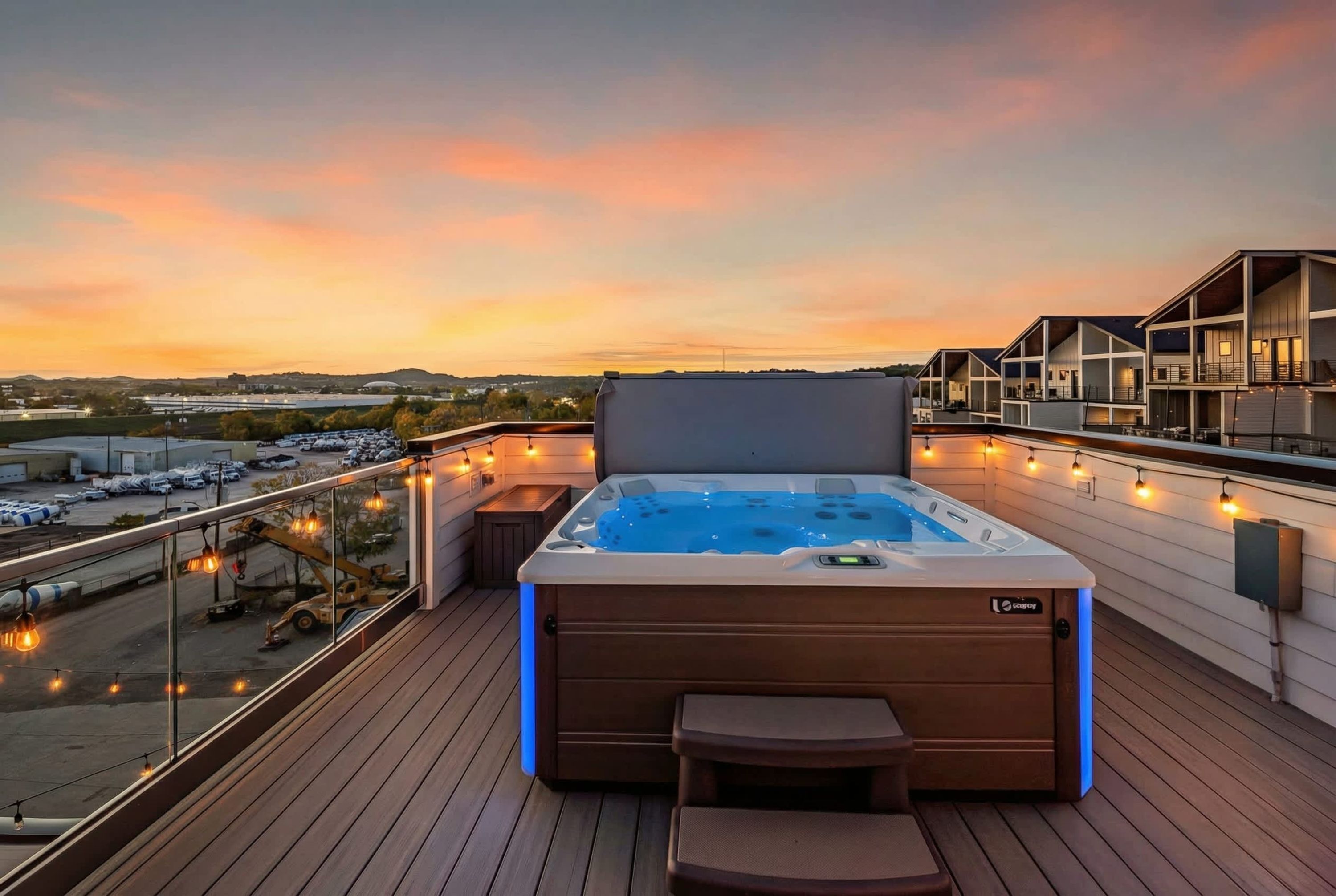 Banheira de hidromassagem em deck de madeira com vista para o horizonte urbano ao pôr do sol.
