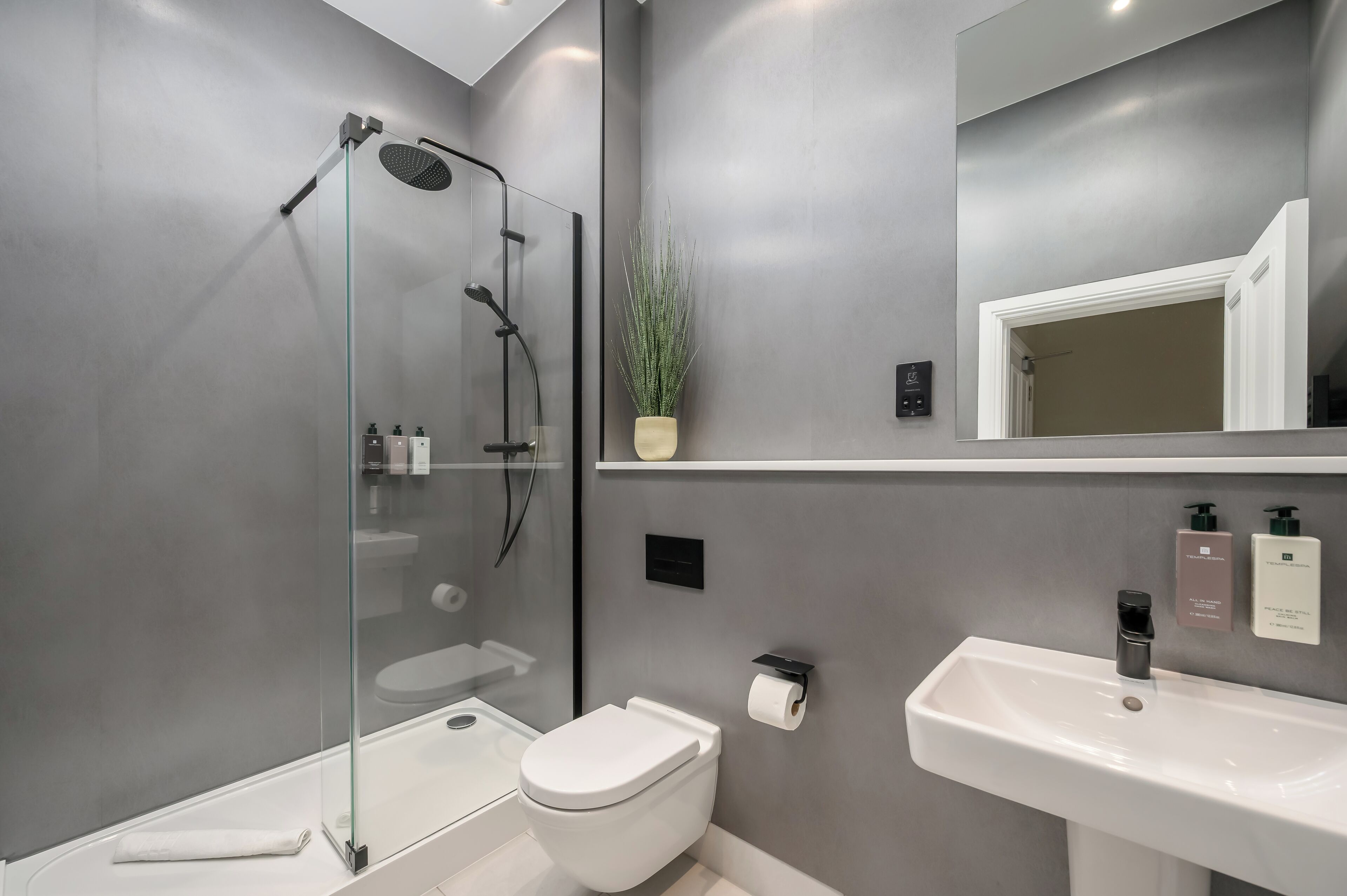 Een moderne badkamer met een douche met glazen wand, een wit toilet, een wastafel en een spiegel.