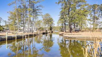 A calm water body surrounded by trees and a clear sky.