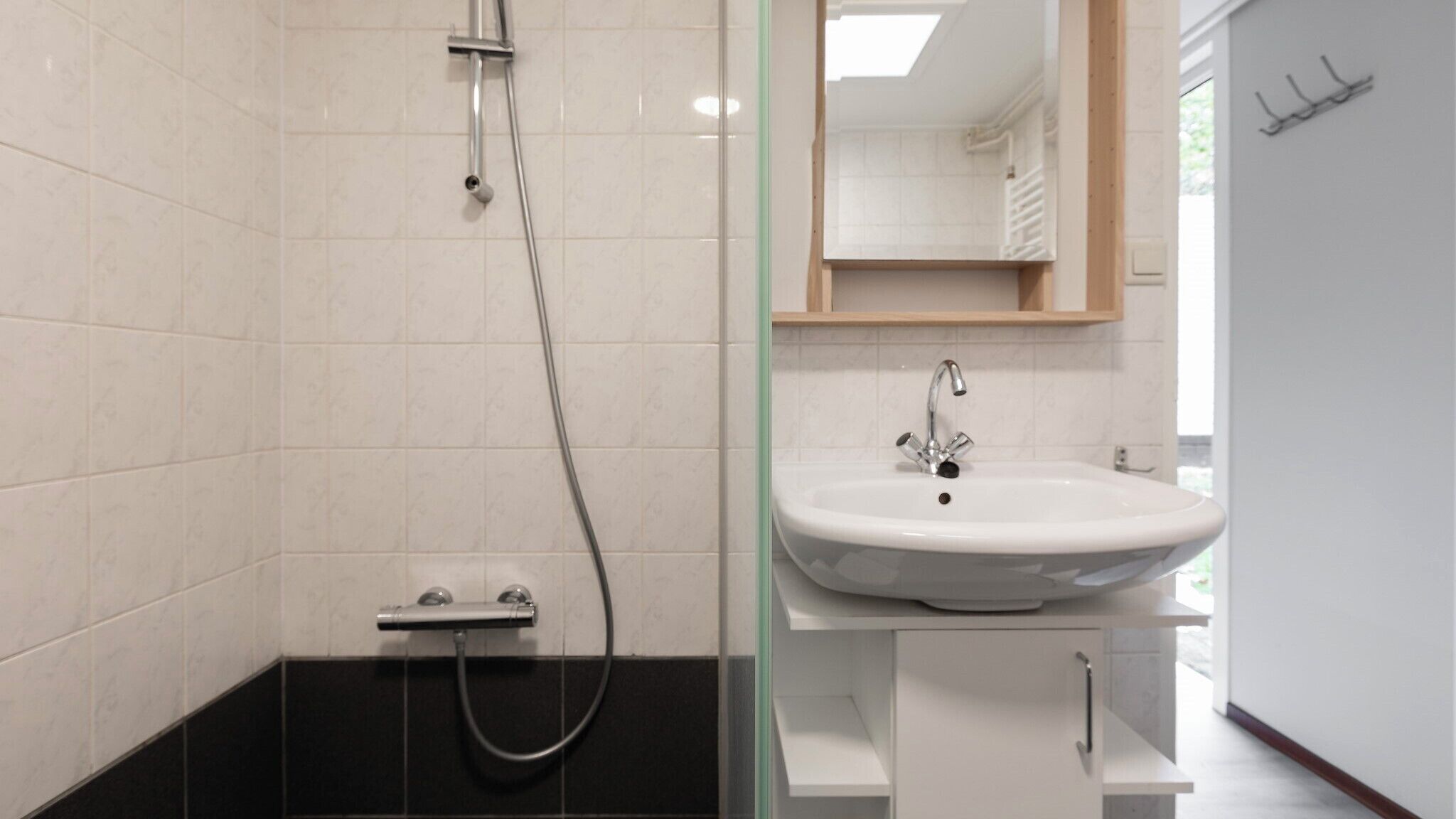 Een moderne badkamer met een douchecabine van glas, een witte wastafel en een spiegel boven de wastafel.