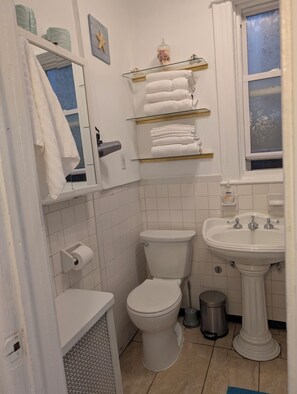 Hair dryer, towels, soap, toilet paper