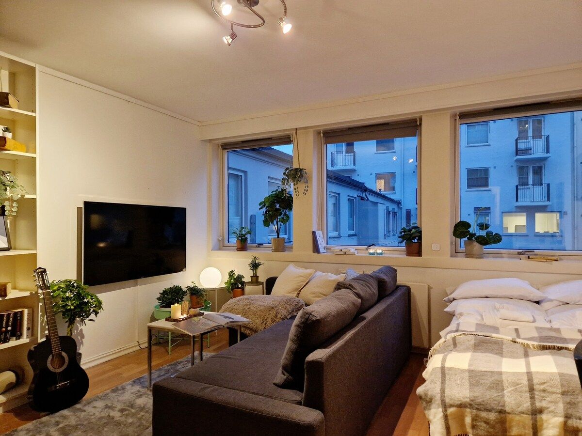 Un accogliente soggiorno con un divano, una TV e una chitarra. Finestre con piante e vista sugli edifici.