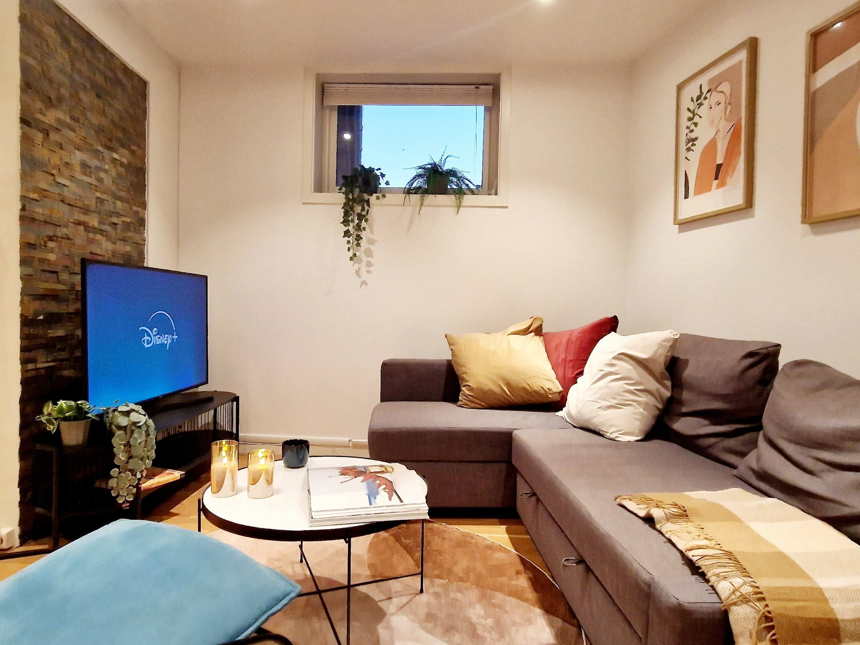 A living room with a flat-screen TV, a sofa with cushions, a coffee table, and a small window with a plant.