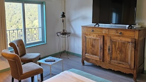 Une pièce comprenant un lit, une armoire en bois avec un téléviseur, une chaise, une petite table et une fenêtre donnant sur des arbres.