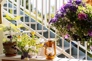 A railing with potted plants and a lantern.
