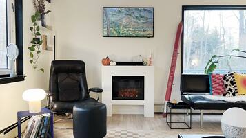Smart TV, chimenea, libros y estéreo