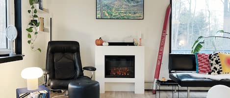 Smart TV, fireplace, books, stereo