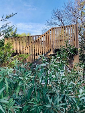 A wooden staircase leading up to a wooden deck, surrounded by lush greenery.