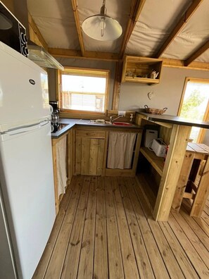 Fridge, microwave, stovetop, toaster