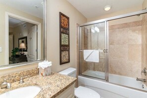Shower, jetted tub, hair dryer, towels