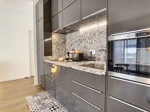 Fridge, microwave, electric kettle, toaster