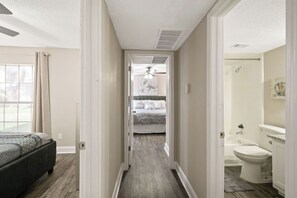 Hair dryer, towels, soap, shampoo