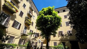 Un pati interior amb un arbre central, envoltat d'edificis amb balcons i finestres.