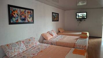 Habitación con tres camas, cada una con ropa de cama estampada y diseños de corazones. Hay dos cuadros en las paredes, uno de gatos y otro de un paisaje. Un televisor está montado en la pared.