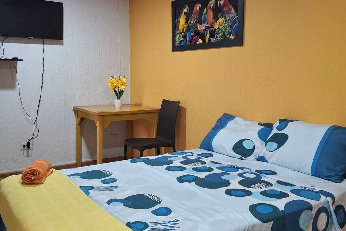 A room with a bed, a desk, a chair, a TV, and a painting on the wall.