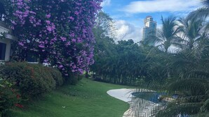A landscaped area with a curved pathway, a large purple flowering tree, and a building in the background.
