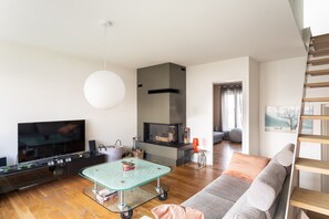 Televisie, een open haard, een dvd-speler en een stereo