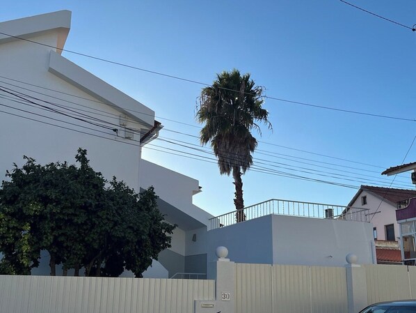 Un edificio moderno con fachada blanca, una palmera y una valla.