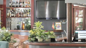 A bar area with wooden paneling, a television, and a variety of bottles. - Hotel Dominguez Plaza (Nova Friburgo)
