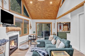 Smart TV, fireplace, books