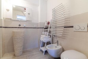 Shower, hair dryer, bidet, towels