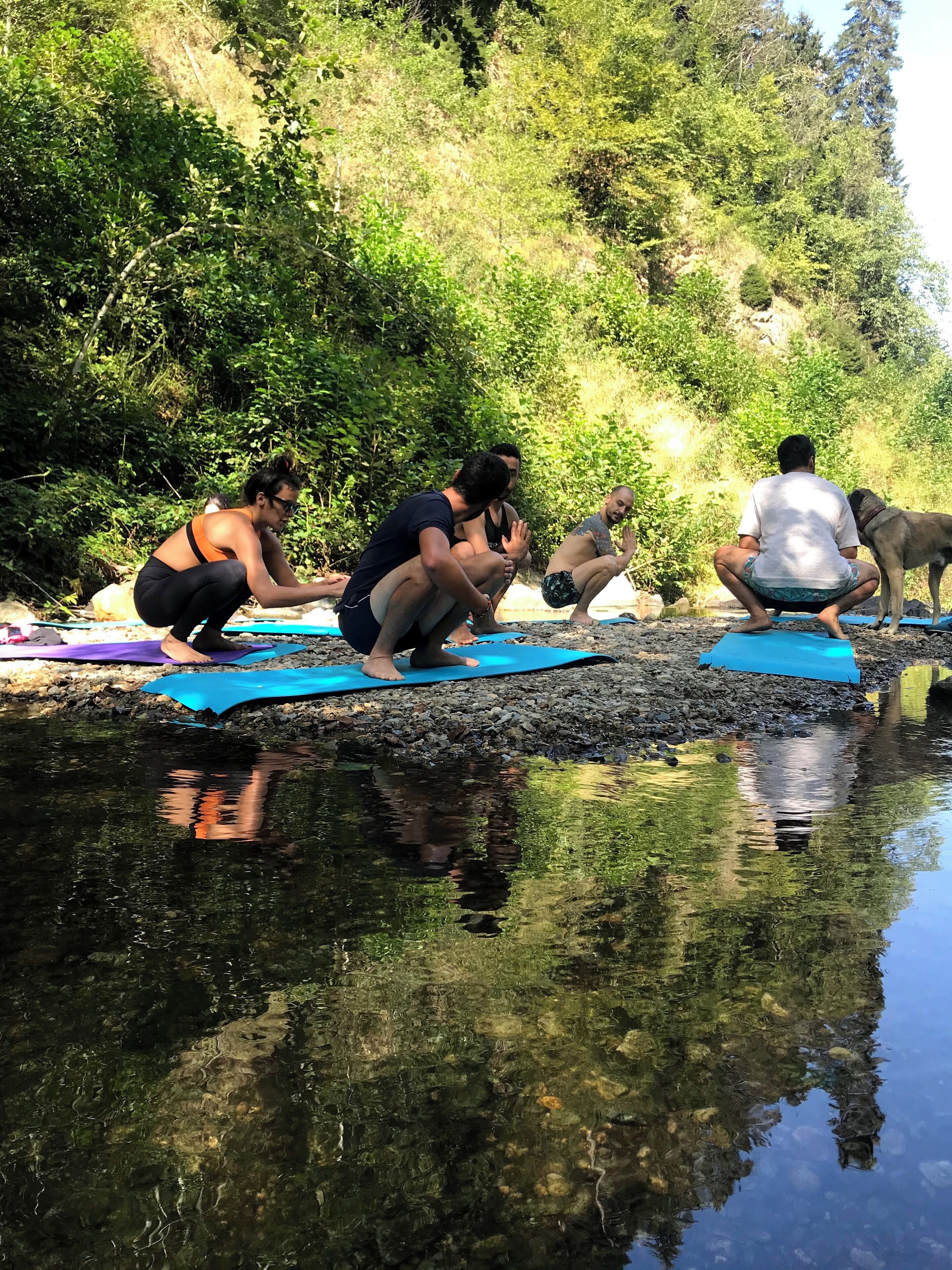 Un groupe de personnes sur des tapis de yoga, au bord d’une rivière paisible, entourés de verdure.